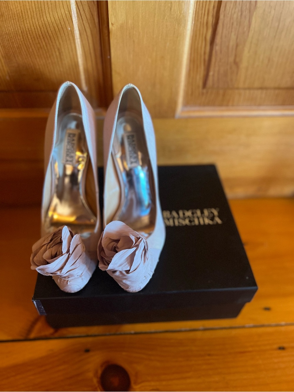 Badgley Mischka Taffeta Nude Floral Rosette Heels